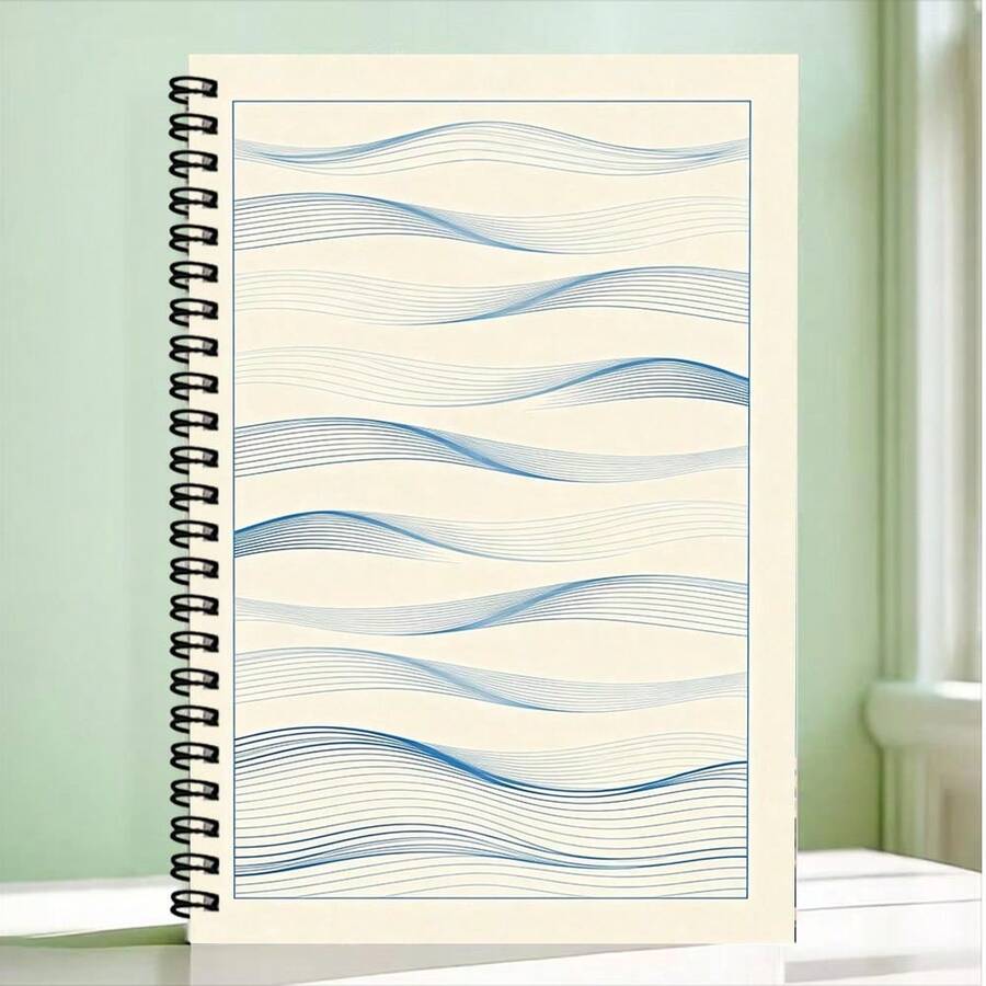 1 pieza Cuaderno con patrón de línea azul ondulada, estilo artístico minimalista, cuaderno de escritura, uso escolar, suministros de aprendizaje, buen artículo de registro de oficina, esencial para volver a la escuela - A - Ver 1
