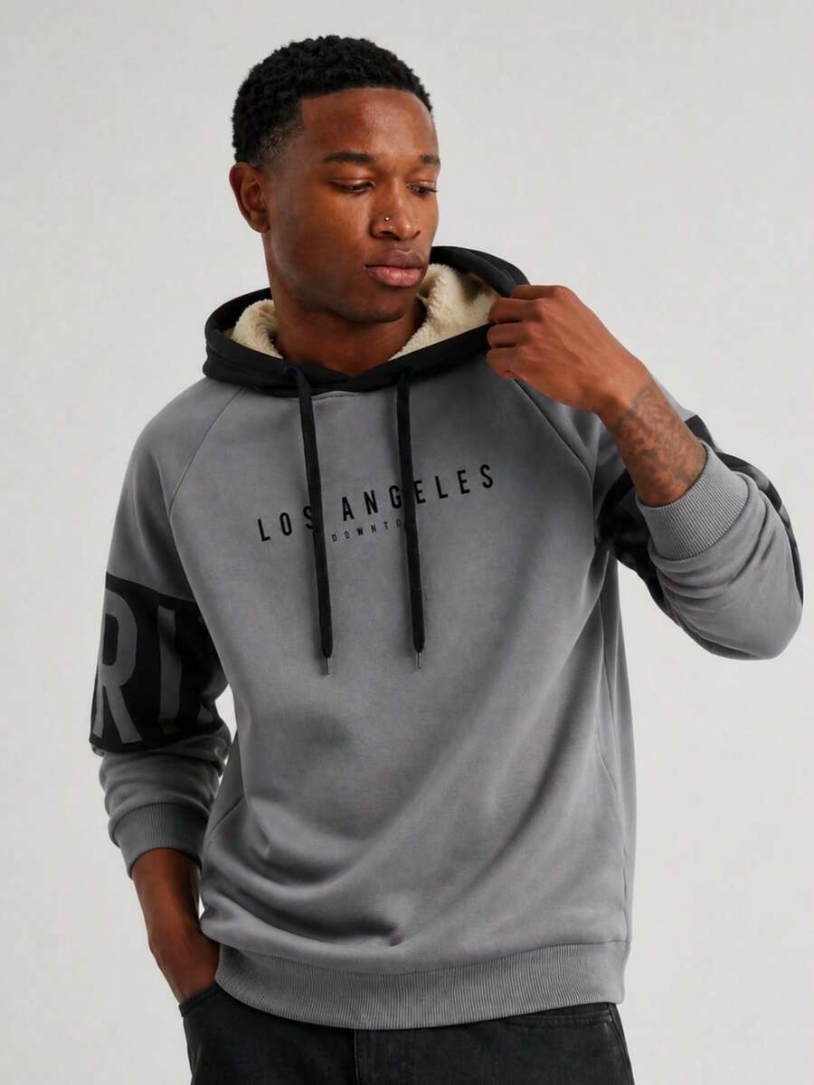 Men's Autumn/Winter Casual Warm Fleece Thick Hooded Colorblock Sweatshirt - Dark Grey - View 1