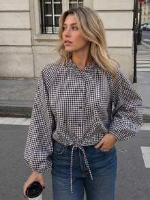 Women Gingham Plaid Cropped Jacket Stand Collar Raglan Sleeve Drawstring Hem Button Casual Coat - Brown - View 2