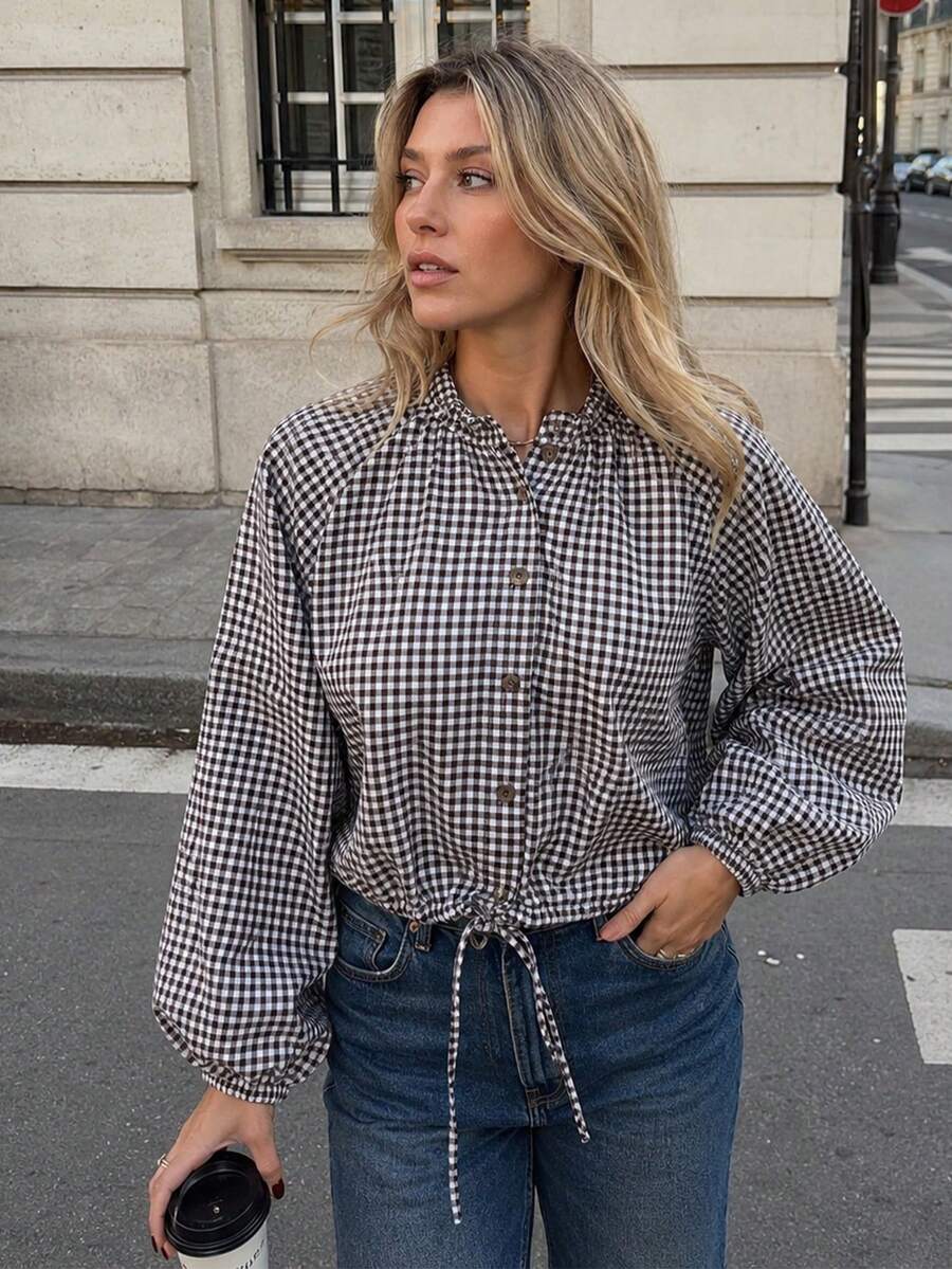 Women Gingham Plaid Cropped Jacket Stand Collar Raglan Sleeve Drawstring Hem Button Casual Coat - Brown - View 1
