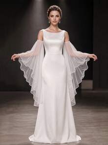1 Pair 2pcs Long Tulle Bridal Arm Sleeves, Mesh Wavy Ruffled Edge Arm Covers, Versatile Wedding Dress Accessory Detachable Bridal Sleeve - Multicolor - View 6