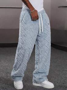 Men's Casual Sports Fleece Lounge Pants, Straight Leg, Drawstring Waist, Polyester Material, Casual Long Pants, Available In Multiple Colors, Unisex - Baby Blue - View 3