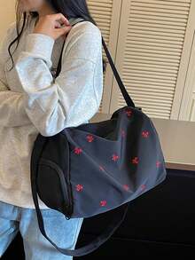 蝴蝶結刺繡裝飾寬肩帶拉鍊開合設計休閒風大容量旅行包，適合日常通勤、購物、出遊、旅行，活力優雅時尚穿搭橫式行李包 - 黑色 - 查看 5