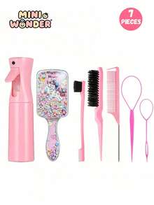 7pcs/1set Children's Cute Cartoon Square Comb & Spray Bottle Set, Cartoon Eiffel Tower Print Anti-Static Plastic Comb, Portable Pattern Hair Pin, High-Pressure Atomizing Spray Bottle, Suitable For Children, Normal Hair, Durable ABS Handle, Cute Square Design, Hair Styling Tool Set - Multicolor - View 2