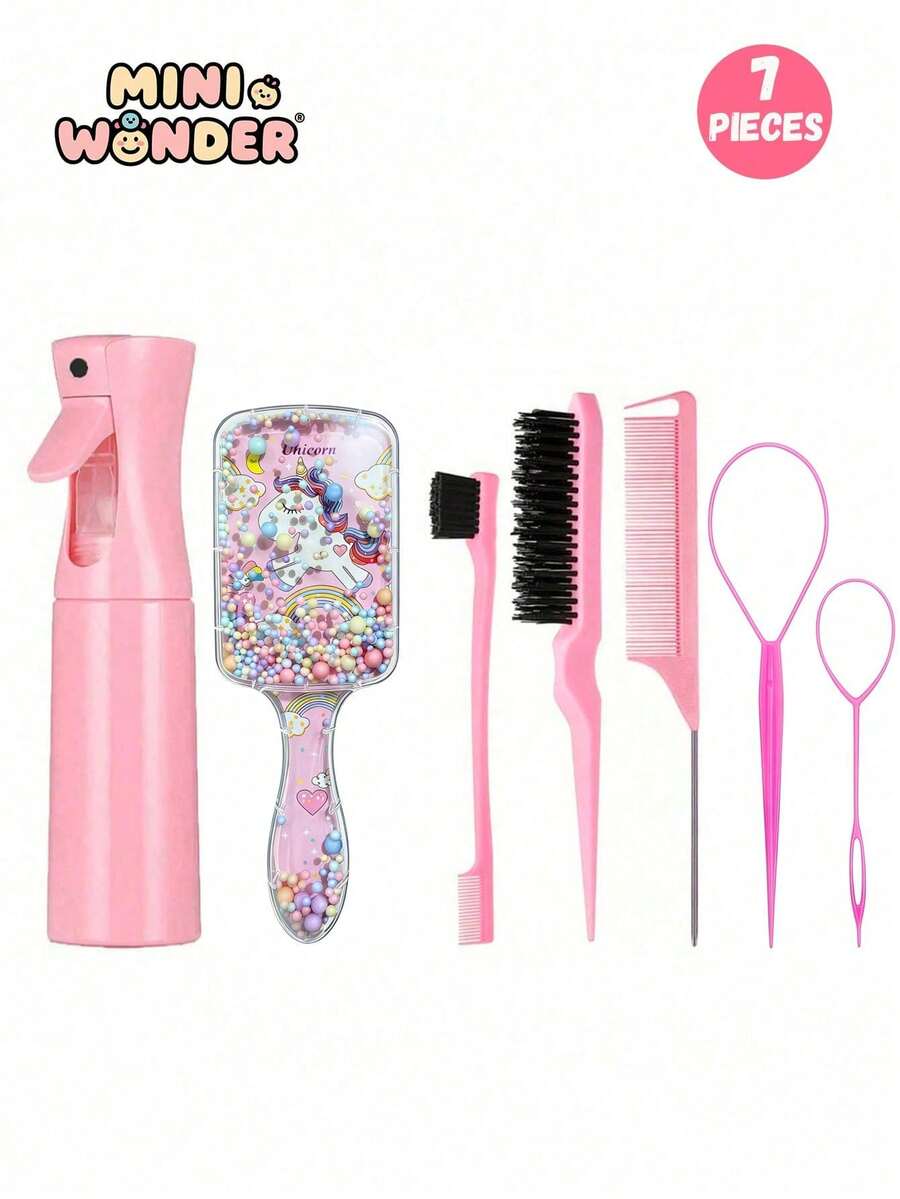7pcs/1set Children's Cute Cartoon Square Comb & Spray Bottle Set, Cartoon Eiffel Tower Print Anti-Static Plastic Comb, Portable Pattern Hair Pin, High-Pressure Atomizing Spray Bottle, Suitable For Children, Normal Hair, Durable ABS Handle, Cute Square Design, Hair Styling Tool Set
