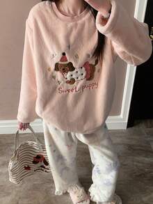 2pcs/Set Embroidered Autumn/Winter Women's Pajamas, Flannel Round Neck Pullover With Bow & Cute Cartoon Puppy Pattern, Wearable Loungewear - Baby Pink - View 4