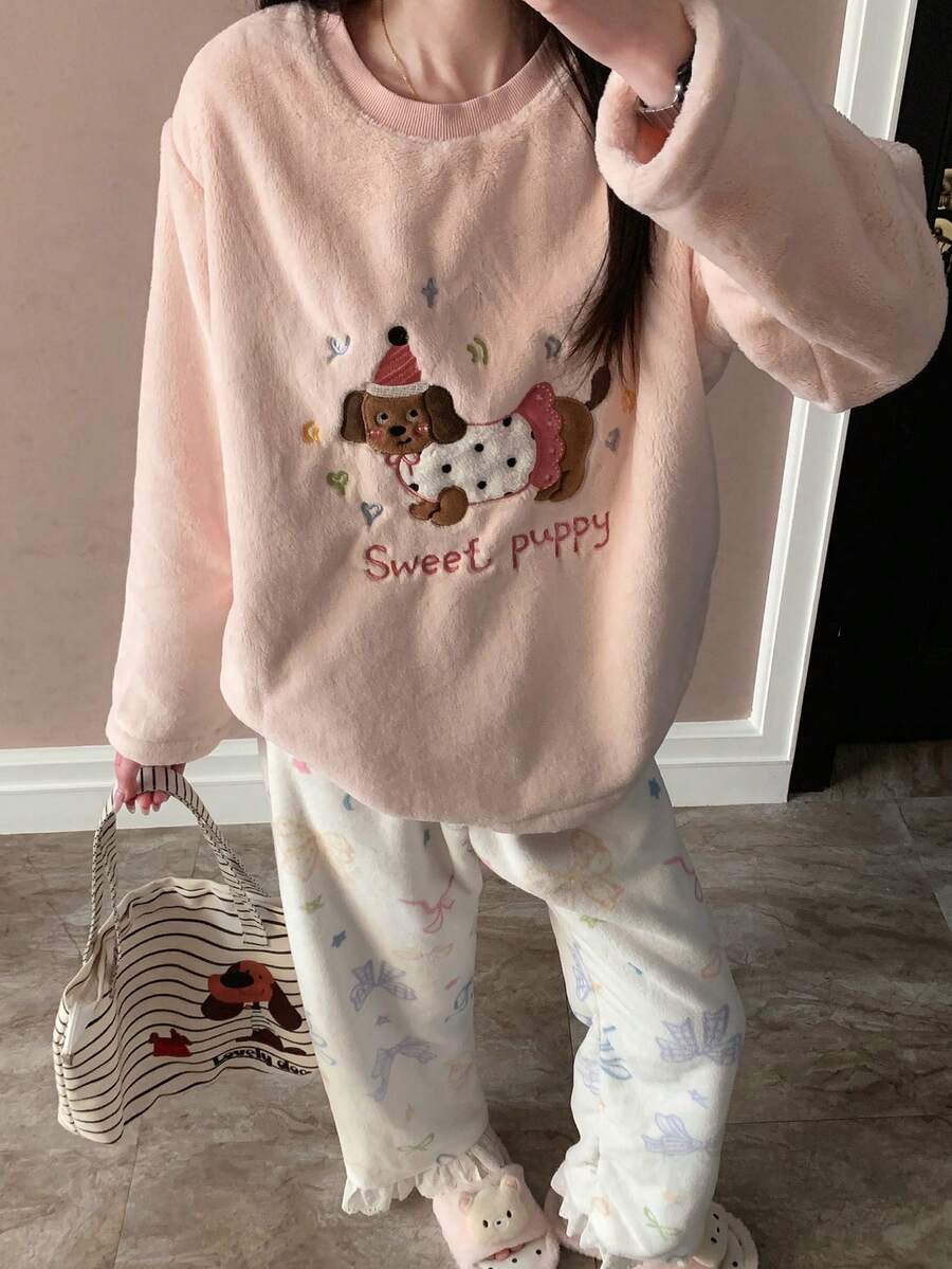 2pcs/Set Embroidered Autumn/Winter Women's Pajamas, Flannel Round Neck Pullover With Bow & Cute Cartoon Puppy Pattern, Wearable Loungewear - Baby Pink - View 1