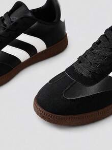 TCVC White And Black Contrast Low-Top Retro Sneakers, Comfortable Flat Casual Training Shoes, Women's Daily Wear - Black - View 5
