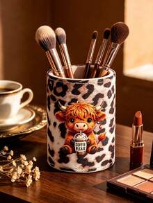 Leopard Print Highland Cattle Makeup Brush Holder, Makeup Storage Box, Makeup Tool Storage, Multifunctional Makeup Holder, Leopard Print Cute Storage Box, Desktop, Dressing Table, Lobby, Living Room Decoration, Gifts For Friends - Multicolor - View 5