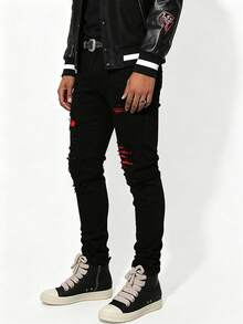 Men's Fashion Distressed Patch Street Style Slim Fit Stretch Jeans - Black - View 2