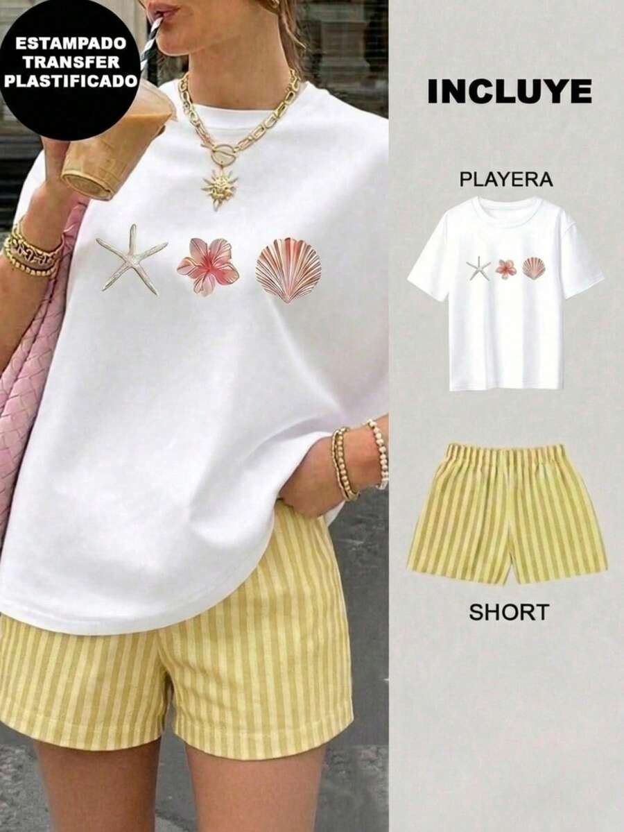 Women Two-Piece Outfits - 2 White T-shirt With Green and Yellow Striped Shorts 2 - View 1