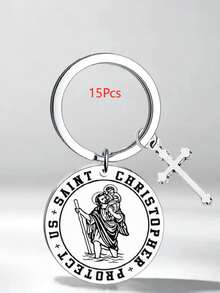 1pc/6pcs/15pcs/24pcs St. Christopher Keychain, Travel Guardian Saint Travel Key Ring, Good Luck Christian Catholic Keychain - Silver - View 11
