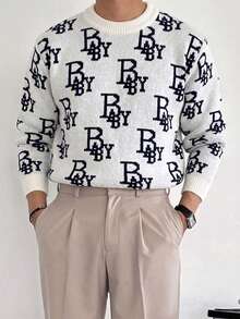 1pc Boys' Cool Personalized Vintage Letter Print Pullover Sweater, Autumn/Winter - White - View 3