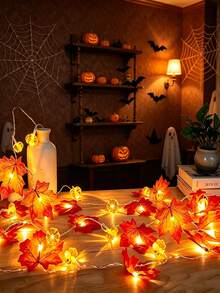 Halloween Thanksgiving Maple Leaf Pumpkin LED Light String Warm Light Battery-Powered Dual Lighting Mode Home Party Indoor Table Room Autumn Seasonal Festival Atmosphere Decorative Lamp - Maple Leaf Pumpkin Lantern - View 2