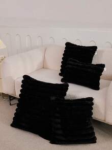 1pc Black Faux Fur Comfortable Soft Striped Decorative Artificial Fur Pillow Case (No Filling), Modern Flannel Plush Pillow Case, Zipper Closure, Suitable For Home, Sofa, Living Room, Dorm Decor Pillow Case, Back To School - Black - View 1
