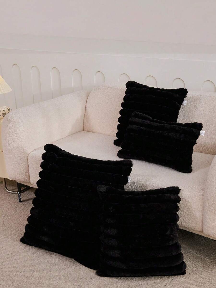 1pc Black Faux Fur Comfortable Soft Striped Decorative Artificial Fur Pillow Case (No Filling), Modern Flannel Plush Pillow Case, Zipper Closure, Suitable For Home, Sofa, Living Room, Dorm Decor Pillow Case, Back To School - Black - View 1