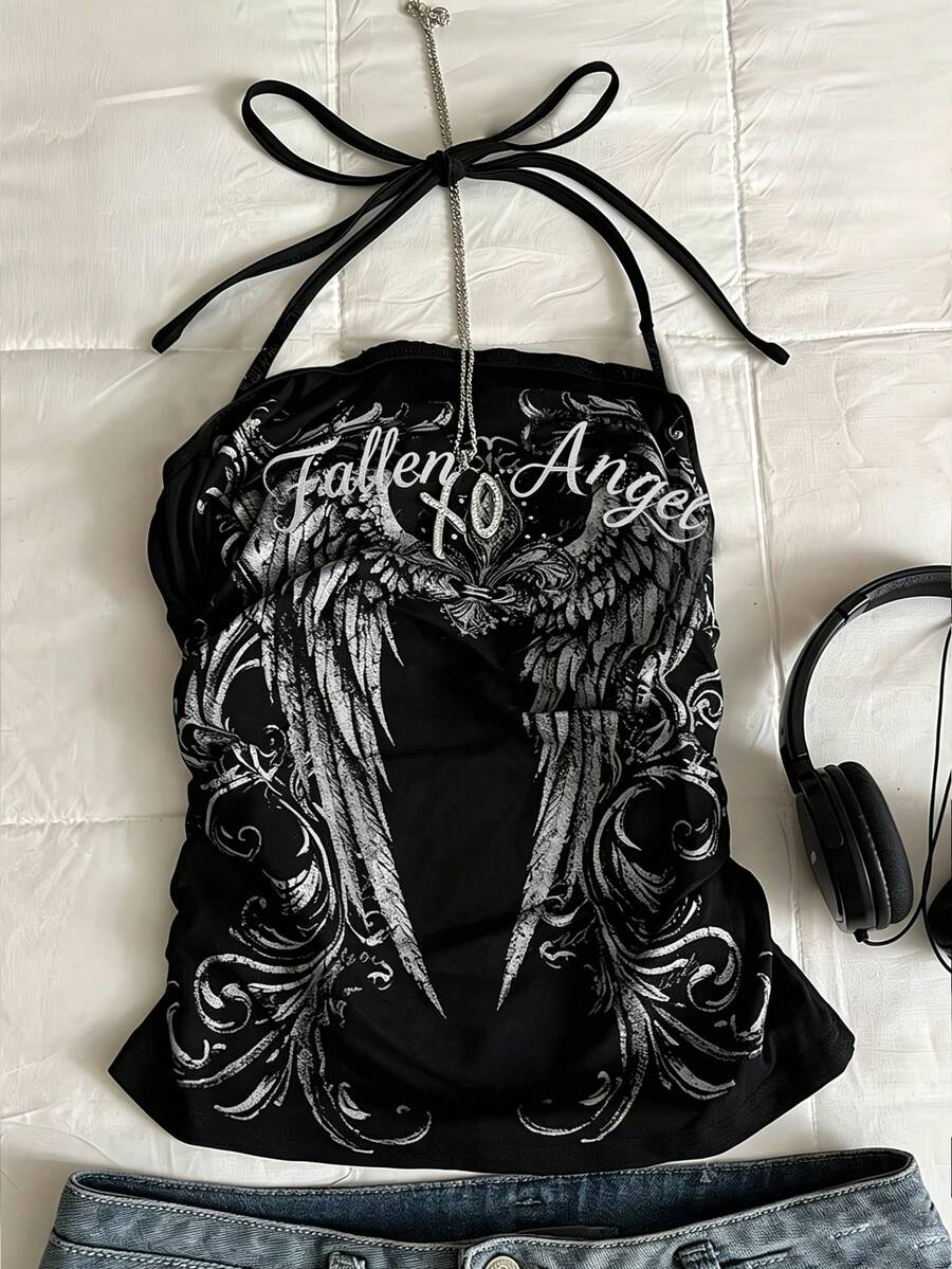 Women's Black Angel Wing Print Spaghetti Strap Top, Y2K Ruched Camisole - Black - View 1