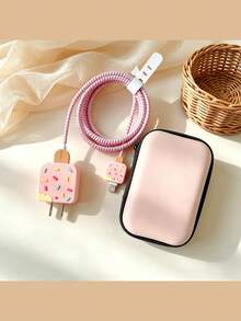 5pcs/Set Pastel Sweet Girl Style Ice Cream Shaped Charger Protective Case EVA Hard Shell Storage Bag, Includes Storage Bag/Protective Head Shell/ Wrap/Cable Tie, Soft Silicone Anti-Breakage Anti-Shock Anti-Drop Anti-Cat Bite Anti-Bend, Compatible With Apple 18/20 Charger Protection Storage, Super Convenient For Carrying And Storage, Essential Digital Accessory For Sweet Girls - Multicolor - View 1