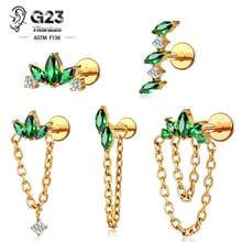 1PC G23 Titanium Internally Threaded Labret Stud Emerald Green Chain Cartilage Stud Earrings Cluster Flat Earring Piercing Jewelry Women New - Green - View 1