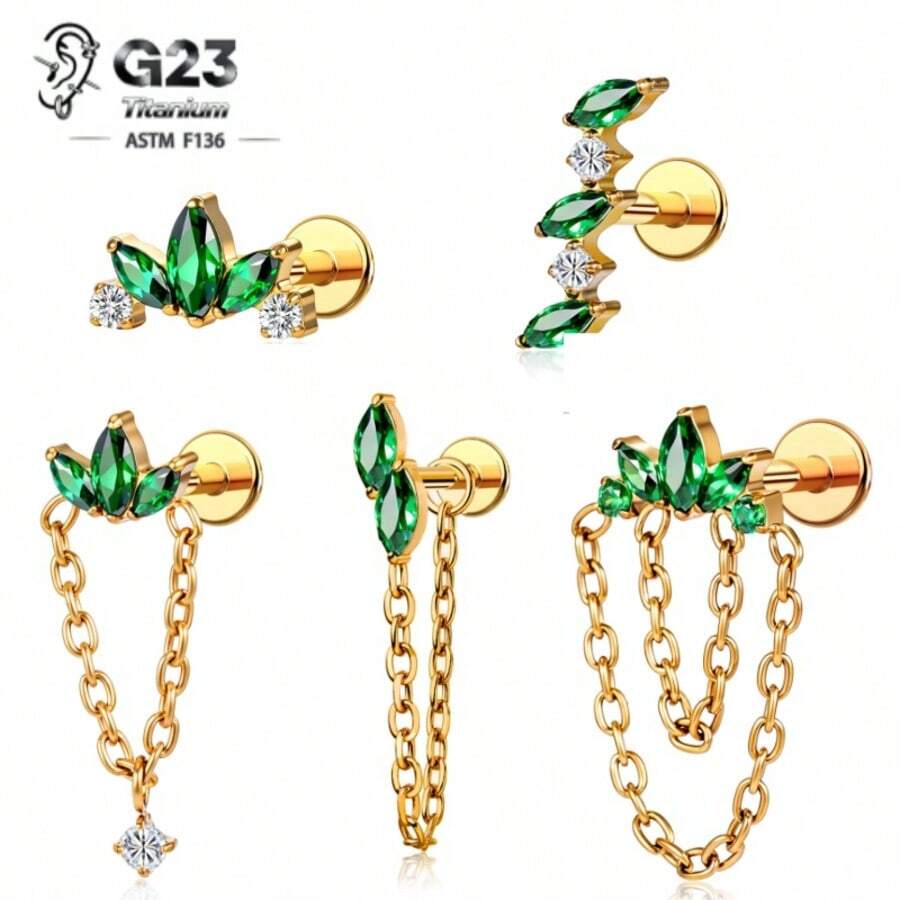 1PC G23 Titanium Internally Threaded Labret Stud Emerald Green Chain Cartilage Stud Earrings Cluster Flat Earring Piercing Jewelry Women New - Green - View 1