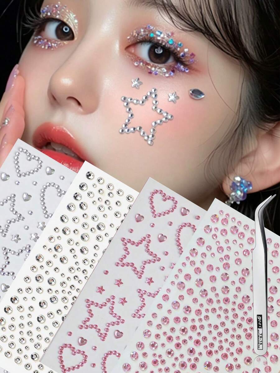 2/4 Sheets Heart Star Face Gems Stickers With Tweezers, Suitable For Makeup Decoration, Applicable For Daily Wear And Performances, Suitable For All, Y2K, Carnival, Concert Look, Face Gems - Multicolor - View 1