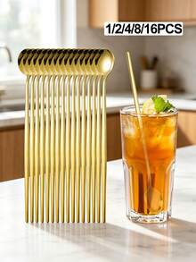 1/2/4/8/16pcs Stainless Steel Ice Scoop Cocktail Spoon Long Handle Stirring Spoon Suitable For Home Kitchen Restaurant Hotel - Gold - View 1