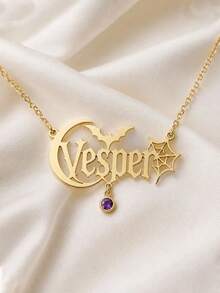 Personalized Gothic Custom Name Necklace, Halloween Bat & Moon Pendant, Customized Birthstone Gift - Multicolor - View 8