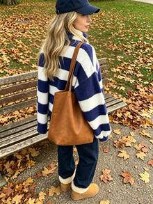 Women's V-Neck Striped Colorblock Single-Breasted Shell Button Lantern Sleeve Loose Knit Cardigan, Plush Soft With Scarf, Fall Winter Daily Style - Multicolor - View 3