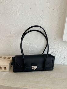 Women's Shoulder Bag, Metal Snap Lock Flap Design With Long Handle And Side Decorative Strap, Flap Snap Closure, Vintage Intellectual French Baguette Bag, French Minimalist Long Handbag Underarm Bag For Commuting And Dating - Black - View 7