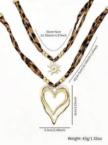 2pcs Bohemian Western Style Double Layer Leopard Print Cord Necklace, Gold Bead Heart Pendant, Suitable For Daily Wear - Multicolor - View 4