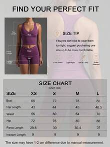 Women's Casual Sports 2 Pieces Set, Detachable Padding Racerback Sleeveless Top, High-Waisted Slim-Fit Butt-Lifting Cycling Shorts, Suitable For Gym And Daily Wear - Burgundy - View 11