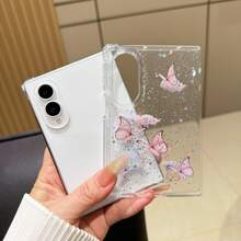 Cute Pink Butterfly Pattern Glitter Transparent Phone Case, Compatible With Samsung Galaxy Z Fold8 Wide Fold8 Back Cover - Pink - View 3