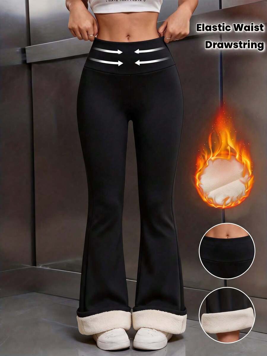 1pc Women's Winter High Waist Thickened Thermal Lined Flared Pants, Tummy Control Butt Lifting, Home & Daily Wear Versatile Warm Bottoms - Black - View 1