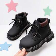 1 Pair Girls' Black Contrast Color Lace-Up Ankle Boots, Suitable For Autumn/Winter Daily School And Outing Wear - Black - View 3