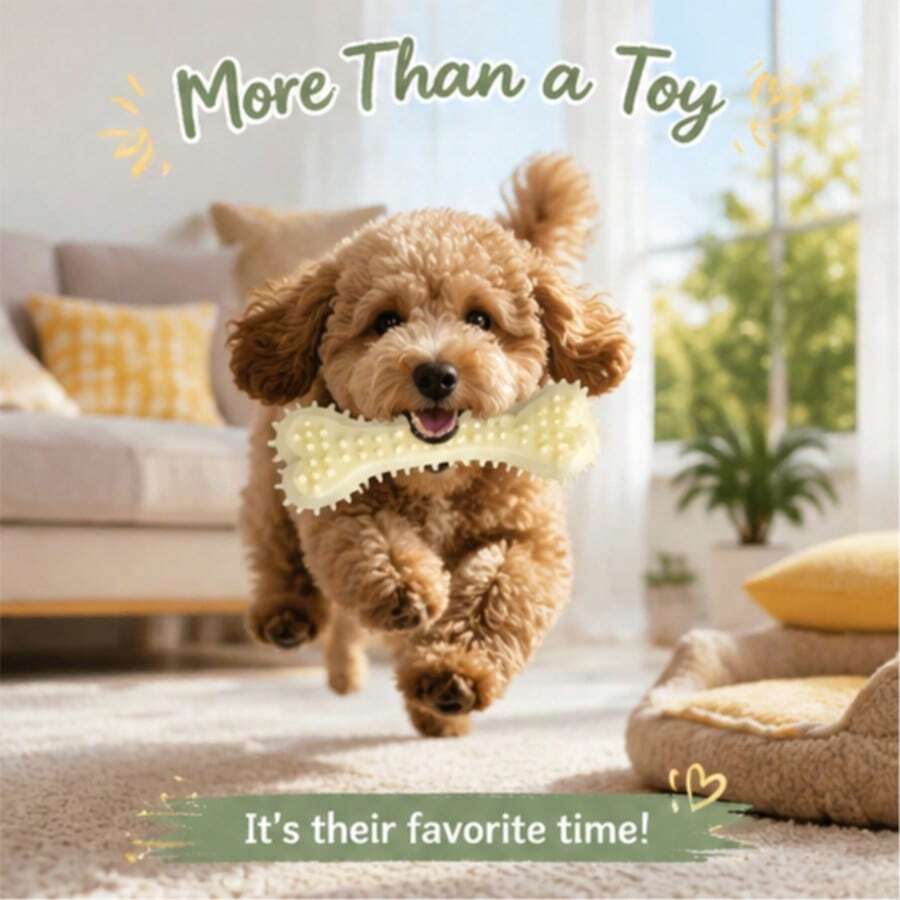 1pc Bone-Shaped Spiky Rubber Squeaky Dog Chew Toy, Soft Spikes For Puppy Gums, Built-In Squeaker For Added Fun, Textured Surface Helps Clean Teeth, Suitable For Teething Puppies, Indoor Play And Outdoor Fetch Games, Random Color Shipped - Yellow - View 1