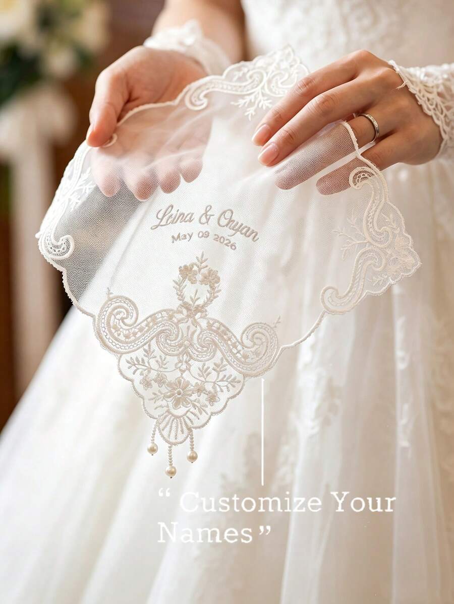 Personalized Bridal Hanky - Custom Name & Date Embroidered Wedding Handkerchief With Tassel, Elegant Lace Suitable For Wedding Ceremony Accessories, Bachelorette Party Gift, Bride To Be Keepsake - Multicolor - View 1