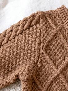 Infant Boys & Girls Vintage Cable Knit Argyle Round Neck Long Sleeve Cardigan Sweater Jacket, Casual Versatile For Daily Wear, School, Spring, Autumn, Winter - Brown - View 4