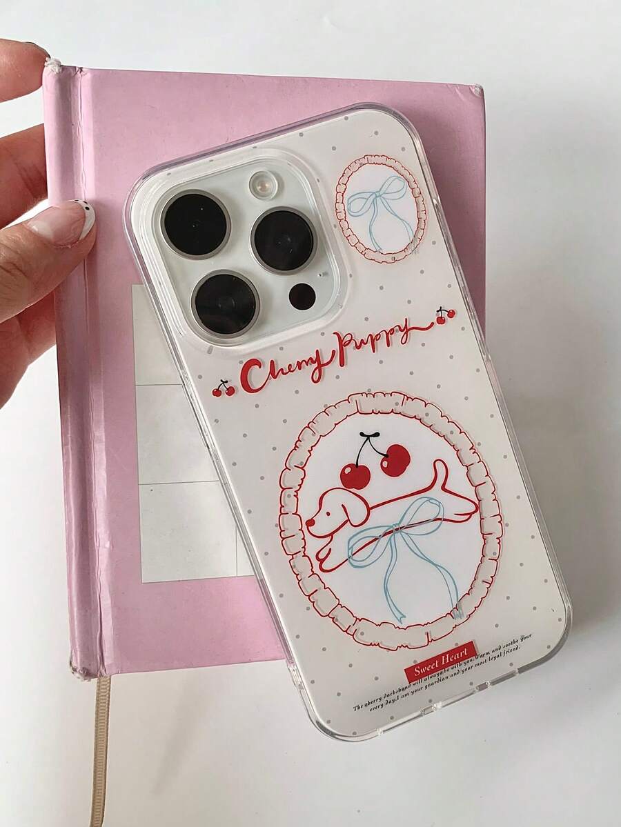 Ins Cute Pure White Girl Red Cherry Bow Puppy Phone Case Compatible With Apple 16 Pro Max, 13/14 Full Coverage, 15 Pro New Model, 12 Soft, 16 Pro Shockproof Protective Cover, Fresh