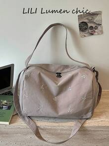 蝴蝶結刺繡裝飾寬肩帶拉鍊開合設計休閒風大容量旅行包，適合日常通勤、購物、外出、旅行，活力優雅時尚穿搭橫式行李包 - 灰色 - 查看 10