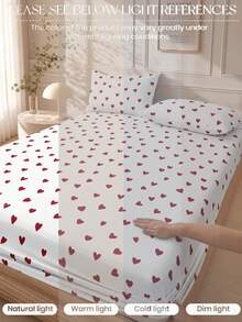 1pc Minimalist Red & White Small Heart Pattern Fitted Sheet, Modern Fashion Mattress Protector, Soft & Breathable, -Twin, Full, Queen, King, Deep Pocket Design Up To 11.8 Inches, Machine Washable. Back To School, Dorm Essentials - Red and White - View 4
