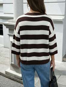 Women's New Autumn Color Block Striped Round Neck Knit Top, Gentle And Versatile For Daily And Campus Wear - Small White Apricot - View 6