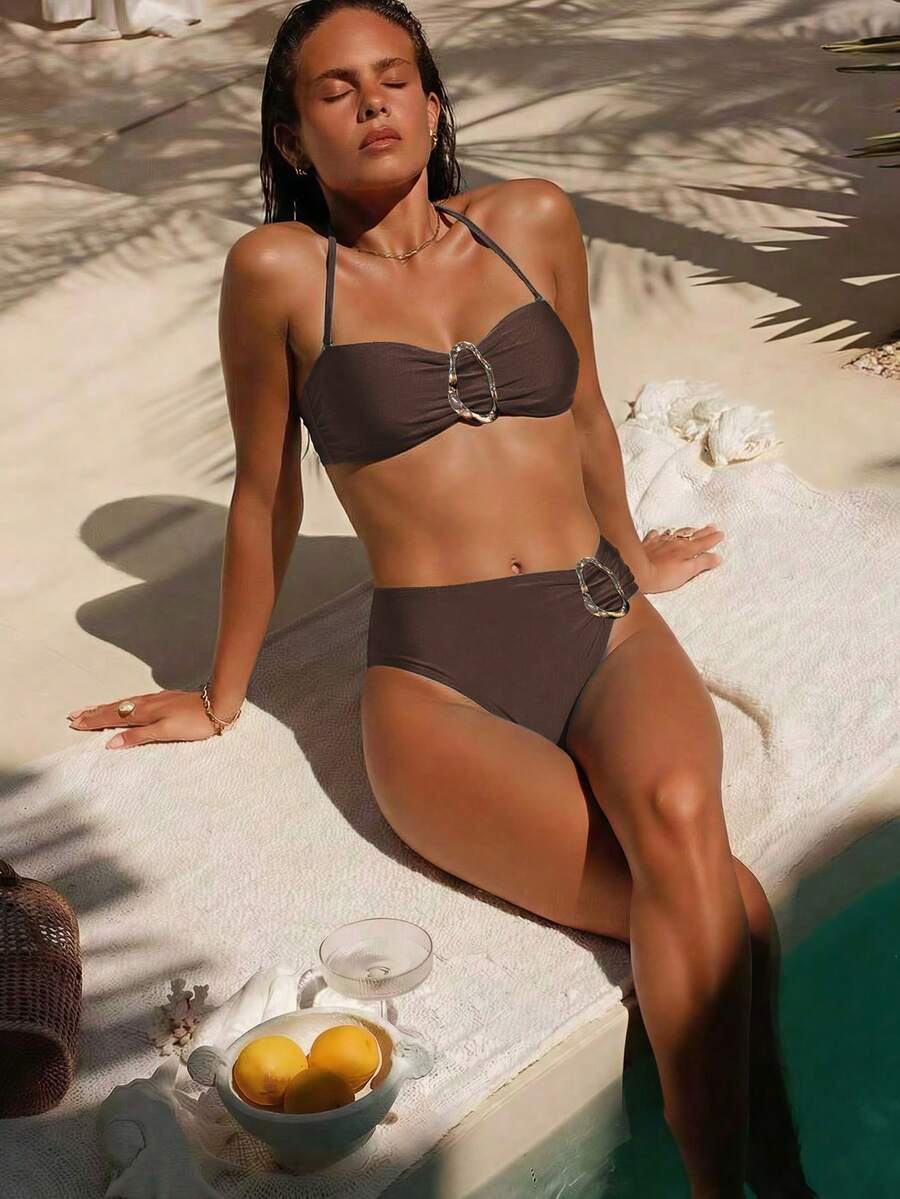 Women's Solid Color Halter Neck Bikini Two Pieces Set, With Metal Accessory In The Middle, Suitable For Island Vacation Beach Summer - Chocolate Brown - View 1