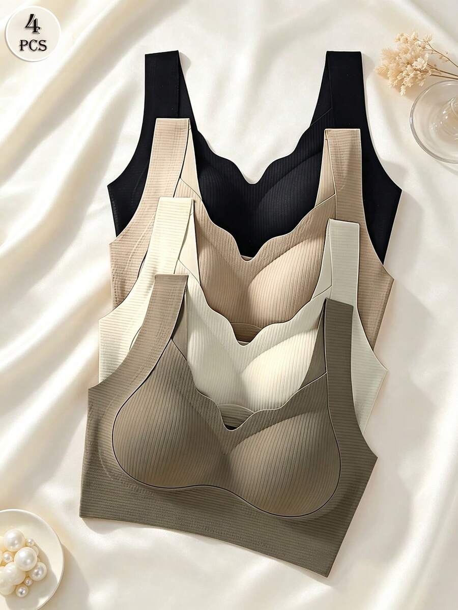 4pcs Women's Solid Color Seamless Wavy Edge Wireless V-Neck Soft Support Comfortable Bra, Recommended To Choose One Size Larger Than Your Own - Multicolor - View 1