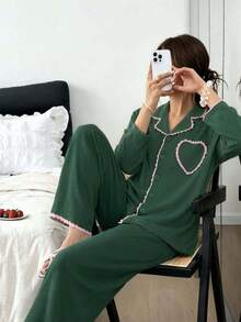 French Pink Lace Trim Patchwork Loungewear Set, Heart Pocket Design, Loose Comfortable Long Sleeve Long Pants Pajamas - Green - View 5