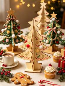 1pc DIY Wooden Mini Christmas Tree, 3D Assembled Blank Wooden Christmas Tree Model, Baby Painting Craft Decoration, Suitable For Christmas Party Tabletop Decoration, Christmas Baby Party Decoration, Desktop Decoration - Multicolor - View 2