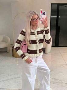 Women's Autumn/Winter Casual Elegant Blue Striped Contrast Color Metal Button Ruffle Trim Knit Long Sleeve Cardigan Sweater, Back To School Season - Light Yellow - View 5