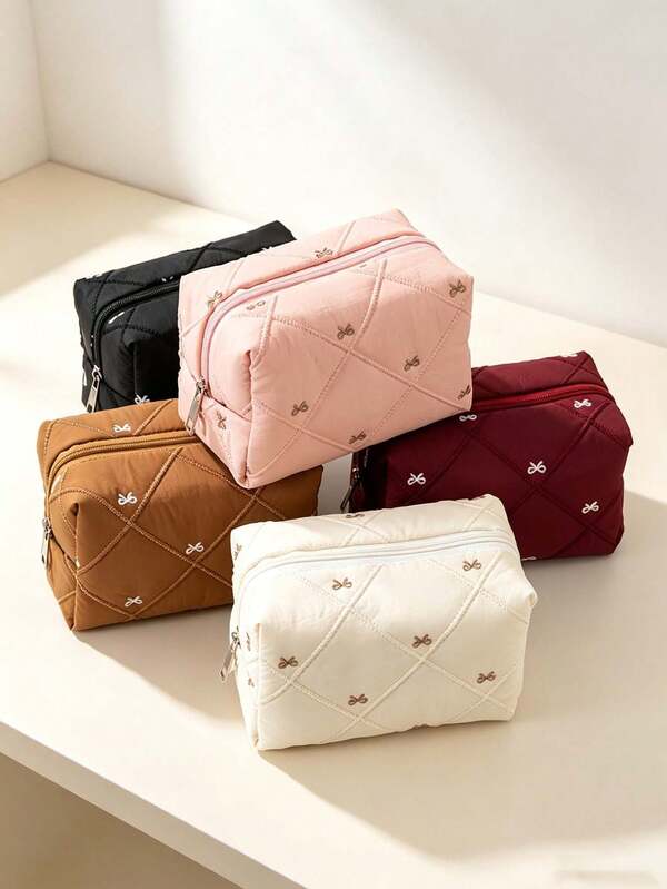 1 pieza/2 piezas Bolsa de cosméticos acolchada de estilo elegante, forma rectangular, costura de diamante con detalle de bordado de lazo, cierre con cremallera, almacenamiento de cosméticos, bolsa de aseo de viaje, adecuada para organizar el maquillaje diario, viaje de fin de semana, viaje de negocios, todas las estaciones