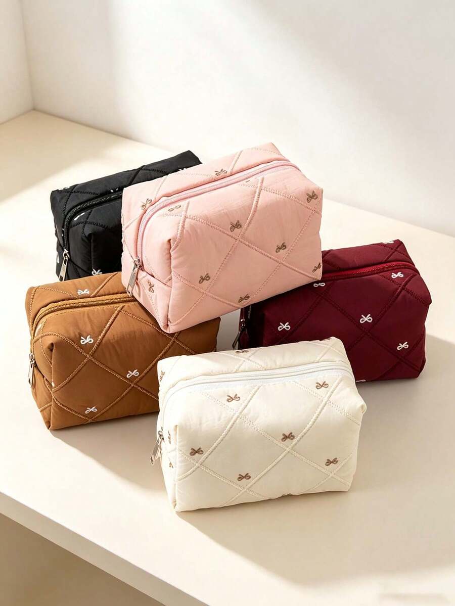 1pc/2pcsChic Style Quilted Cosmetic Pouch, Rectangular Box‑Shaped, Diamond Stitching With Bow Embroidery Detail, Zipper Closure, Cosmetic Storage, Travel Toiletry Bag, Suitable For Daily Makeup Organizing, Weekend Trip, Business Travel, All Season - Multicolor - View 1