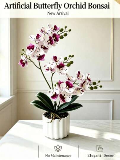 1pc New Artificial Flower, Three-Prong Artificial Phalaenopsis Orchid Bonsai/Artificial Flower/Film Printed Artificial Potted Plant, Realistic Artificial Flower Bouquet - Orchid - Spring Festival/New Year/Christmas Living Room Dining Room Decoration