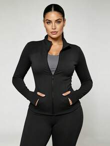 Women's Plus Size Sports Jacket, Solid Color Front Zipper With Pockets Sports Jacket, Long Sleeve Casual Lightweight Jacket, Casual Sports Lightweight - Black - View 6